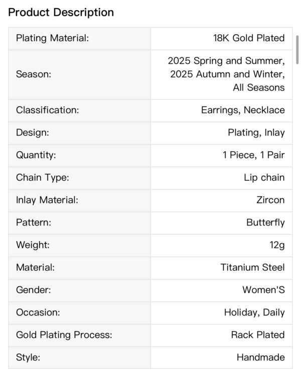 Set of Earrings and Necklace , Lady Butterfly Titanium Steel Plating Inlay
Zircon - Imagen 7
